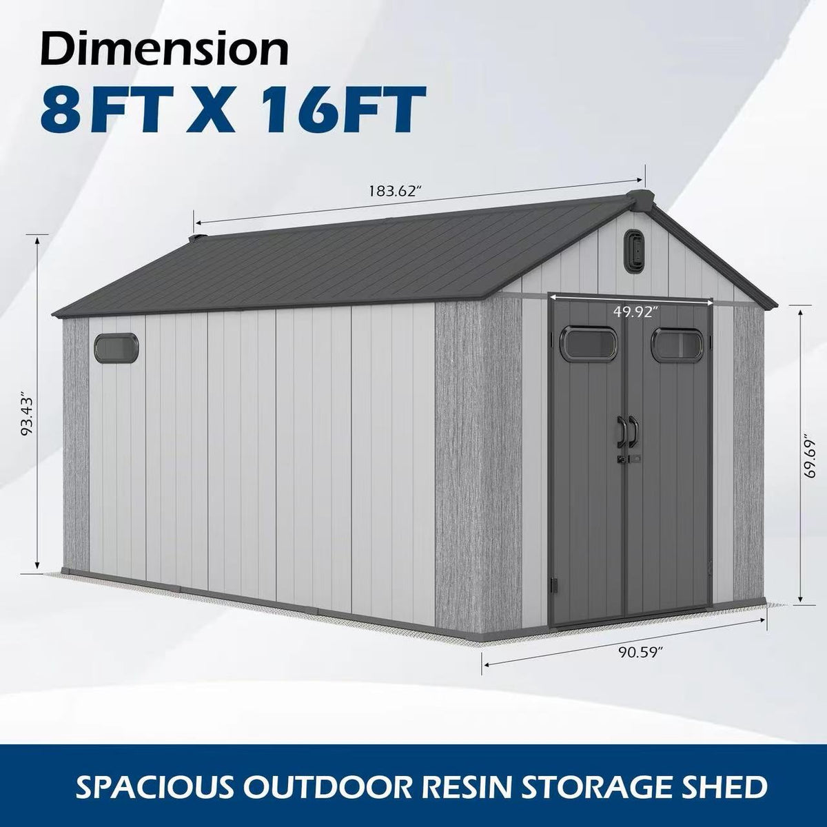 8' x 16' Resin Outdoor Storage Shed with Carpet – Weatherproof, Gray