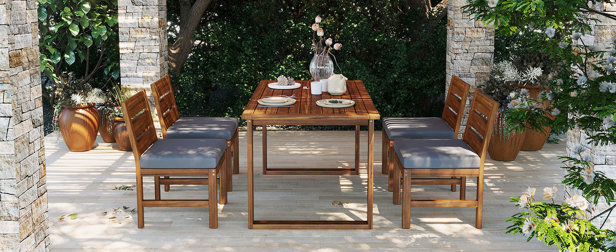 5‑Piece Acacia Wood Outdoor Farmhouse Dining Set with Cushions – Natural Finish