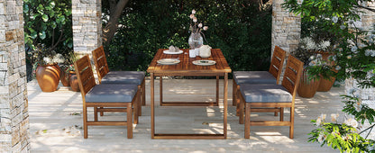 5‑Piece Acacia Wood Outdoor Farmhouse Dining Set with Cushions – Natural Finish