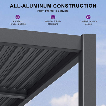 8' x 10' Modern Wall-Mounted Louvered Pergola With Aluminum Frame