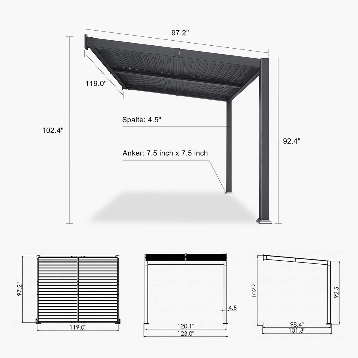 8' x 10' Modern Wall-Mounted Louvered Pergola With Aluminum Frame