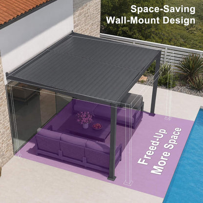 8' x 10' Modern Wall-Mounted Louvered Pergola With Aluminum Frame