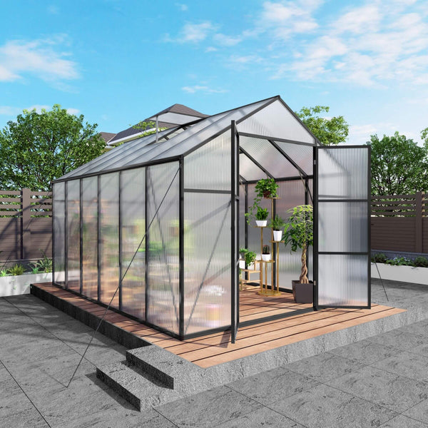 8' × 12' All-Season Outdoor Greenhouse – Twin-Wall Polycarbonate Panels, Aluminum Frame & Adjustable Roof Vent