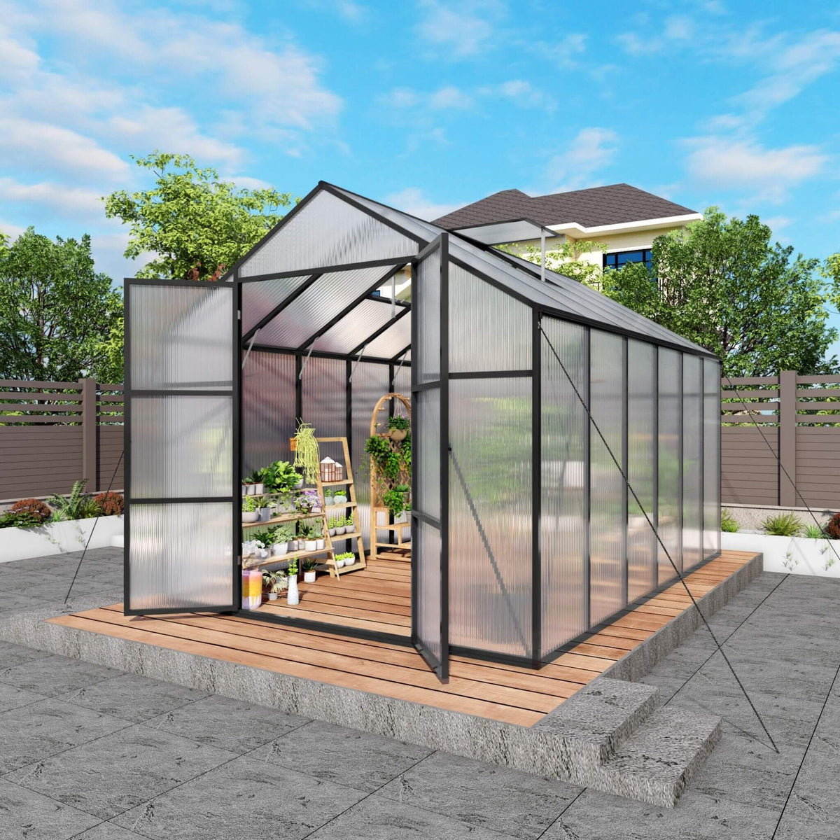 8' × 12' All-Season Outdoor Greenhouse – Twin-Wall Polycarbonate Panels, Aluminum Frame & Adjustable Roof Vent