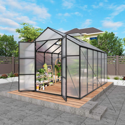 8' × 12' All-Season Outdoor Greenhouse – Twin-Wall Polycarbonate Panels, Aluminum Frame & Adjustable Roof Vent