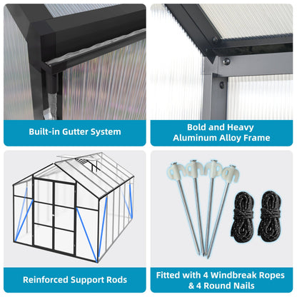 8' × 12' All-Season Outdoor Greenhouse – Twin-Wall Polycarbonate Panels, Aluminum Frame & Adjustable Roof Vent