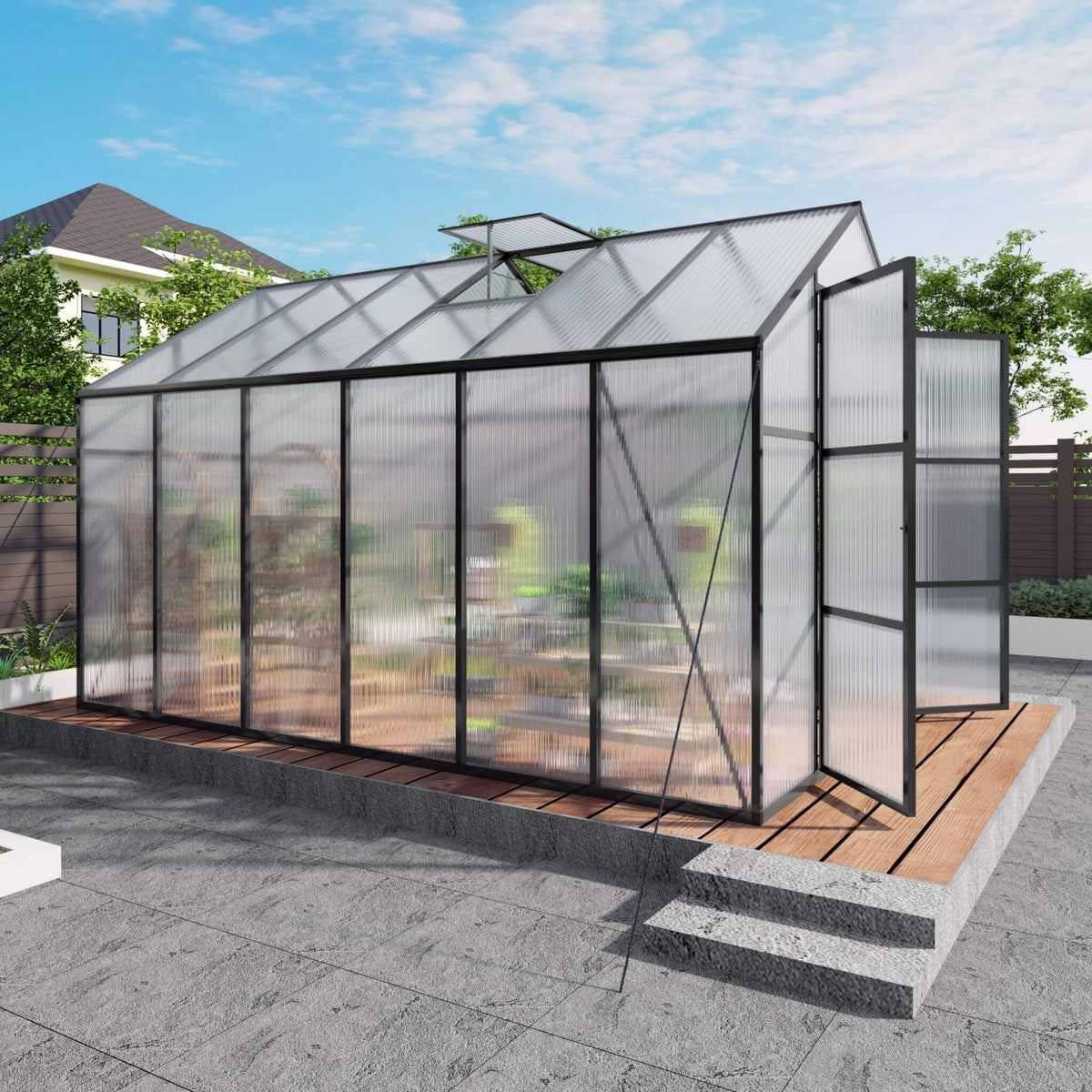 8' × 12' All-Season Outdoor Greenhouse – Twin-Wall Polycarbonate Panels, Aluminum Frame & Adjustable Roof Vent