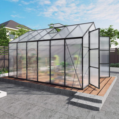 8' × 12' All-Season Outdoor Greenhouse – Twin-Wall Polycarbonate Panels, Aluminum Frame & Adjustable Roof Vent