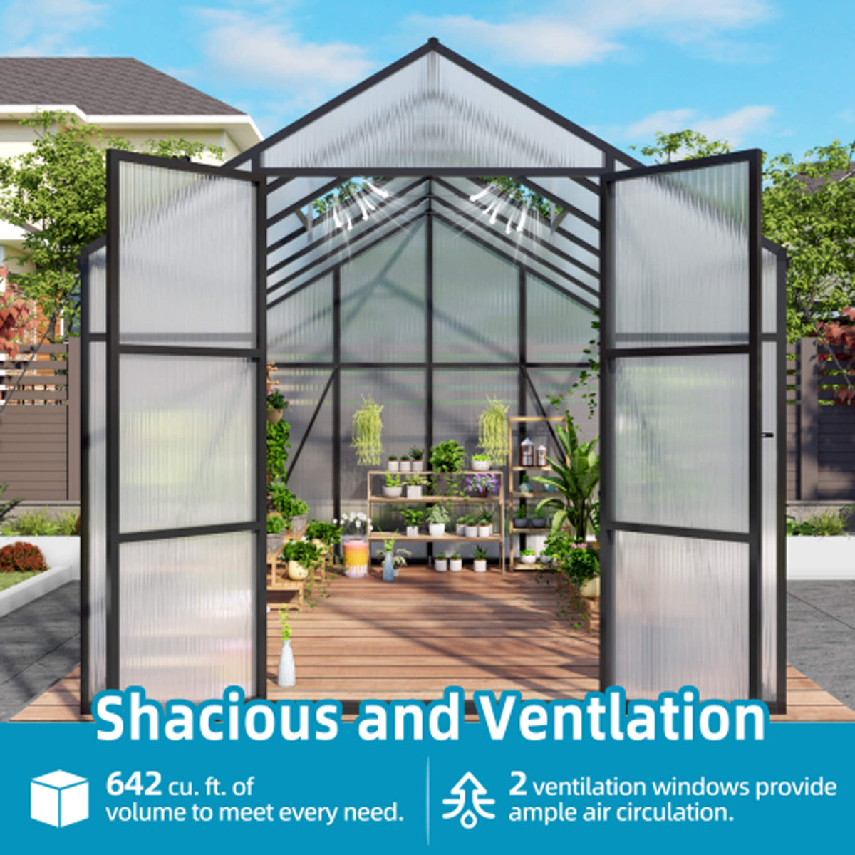 8' × 12' All-Season Outdoor Greenhouse – Twin-Wall Polycarbonate Panels, Aluminum Frame & Adjustable Roof Vent