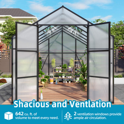 8' × 12' All-Season Outdoor Greenhouse – Twin-Wall Polycarbonate Panels, Aluminum Frame & Adjustable Roof Vent