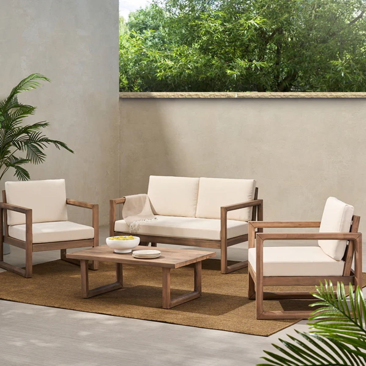 4‑Piece Acacia Wood Outdoor Patio Seating Set with Cushions – Modern Sled Frame Design
