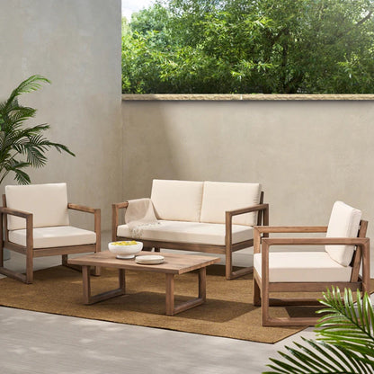 4‑Piece Acacia Wood Outdoor Patio Seating Set with Cushions – Modern Sled Frame Design