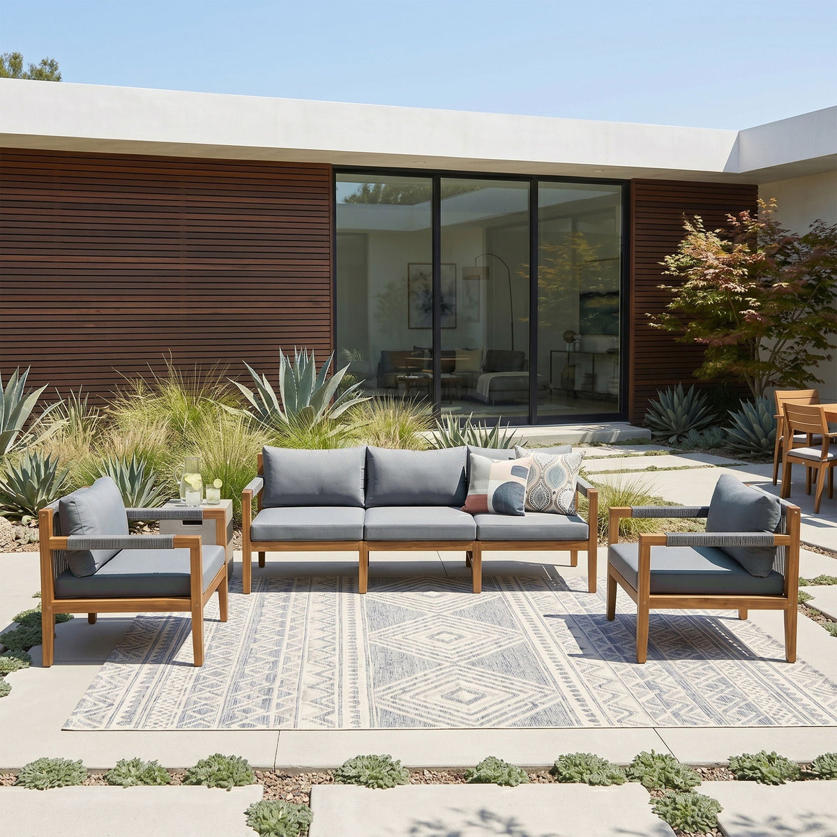 Acacia Wood Outdoor Modular Seating Set with Rope Accents & Water‑Resistant Cushions – 3‑Piece