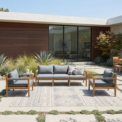 Acacia Wood Outdoor Modular Seating Set with Rope Accents & Water‑Resistant Cushions – 3‑Piece