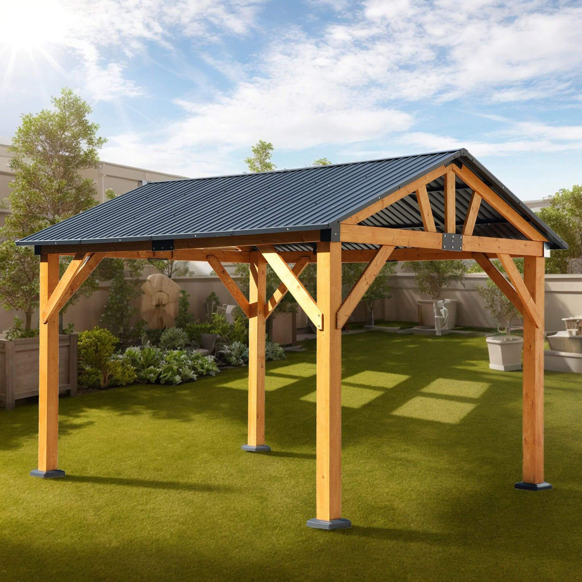 09' x 11' Heavy‑Duty Wooden Carport Gazebo – All‑Weather Cedar Frame & Galvanized Steel Hardtop