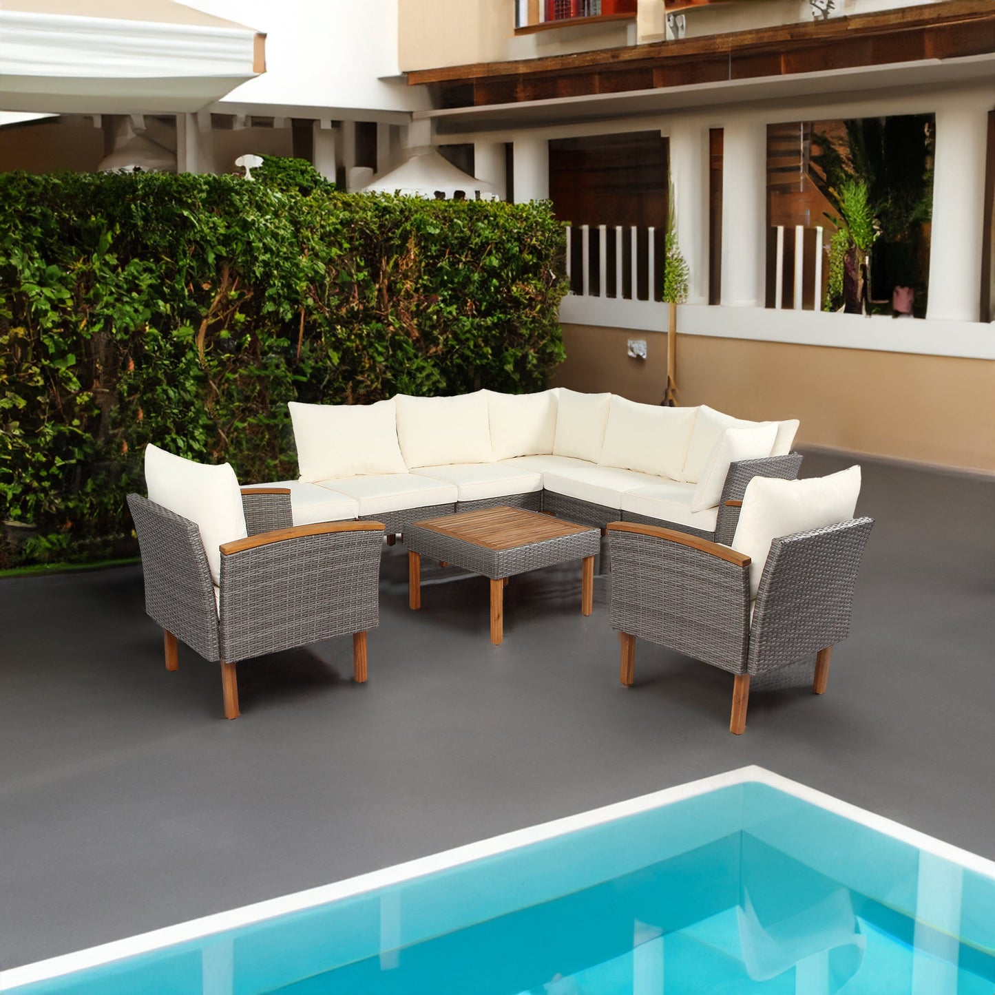 9-piece Patio rattan furniture set with Acacia wooden legs and tabletop sofa set