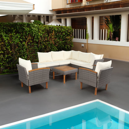 9-piece Patio rattan furniture set with Acacia wooden legs and tabletop sofa set