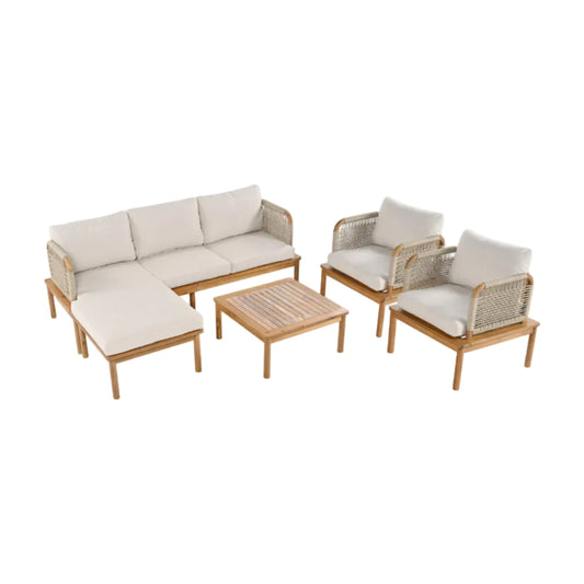 Outdoor Patio Sofa Set with Solid Acacia Wood Frames & Handwoven Rope Detailing — 5‑Piece