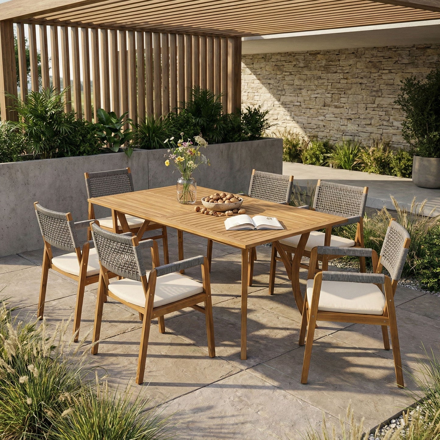 5 Piece Outdoor Rustic Patio Acacia Bistro Set With Cushions