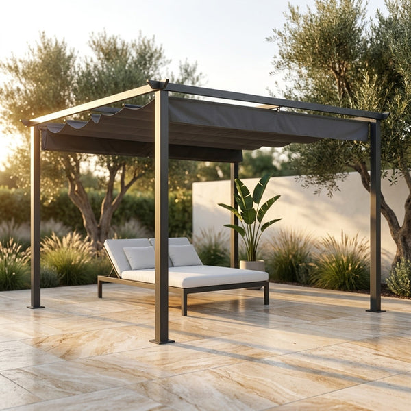 16 Ft. W X 12 Ft. D Aluminum Pergola Outdoor with Dark Gray Retractable Canopy