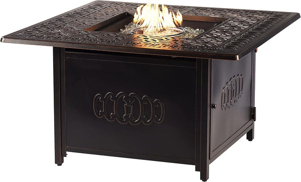 Aluminum 57,0000 BTU 42 In. Square Propane Black Fire Pit Table with Fire Beads, Lid, Propane Tank Cover and Table Fabric Covers in Copper Finish