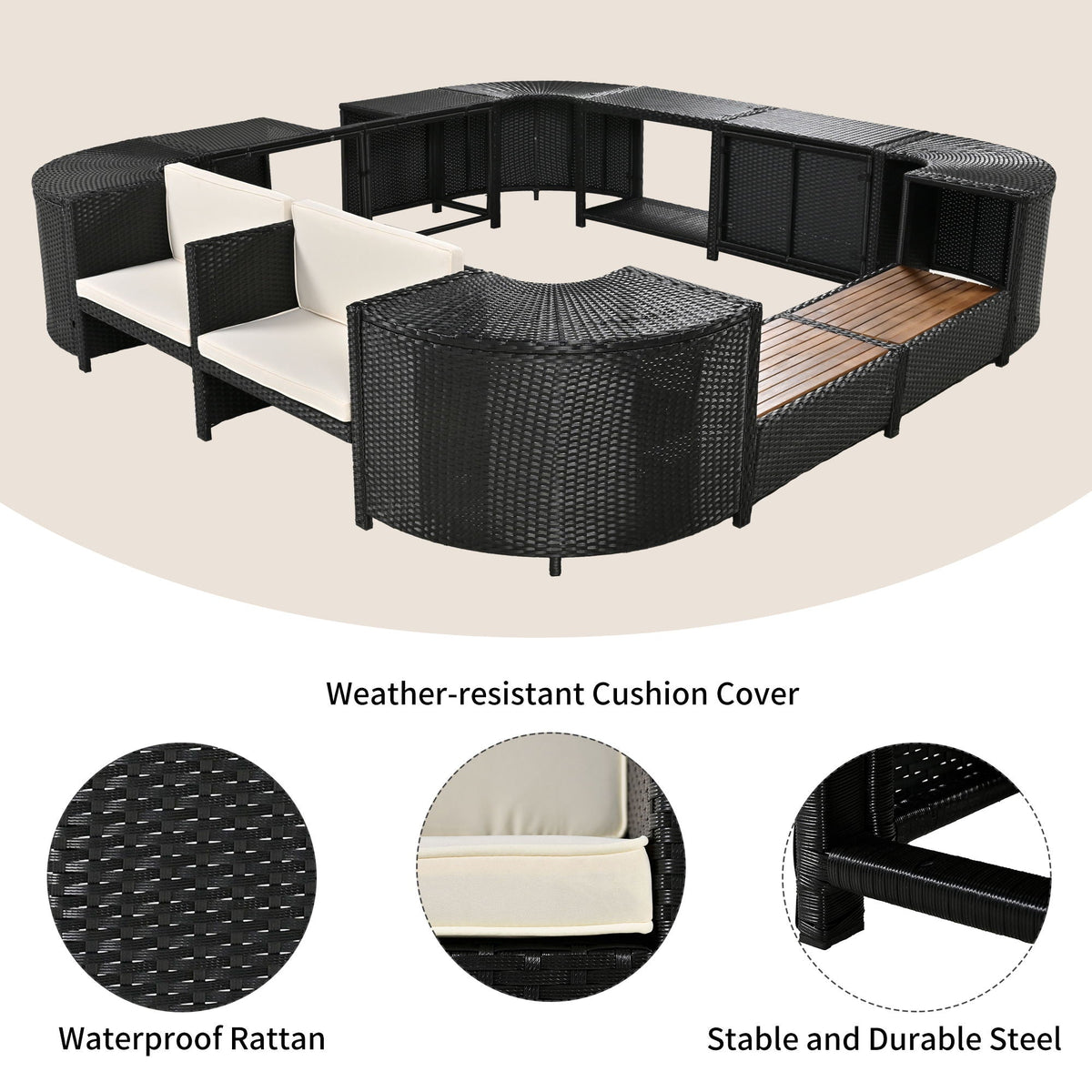 Spa Surround Outdoor Rattan Sectional Sofa Set – Built‑In Storage, Wooden Seats & Cushions (Beige or Gray)
