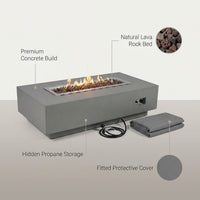 Granville Outdoor Fire Pit 60 In. X 27 In. Rectangular Concrete Propane Fire Table with Lava Rocks and Cover — Lifestyle