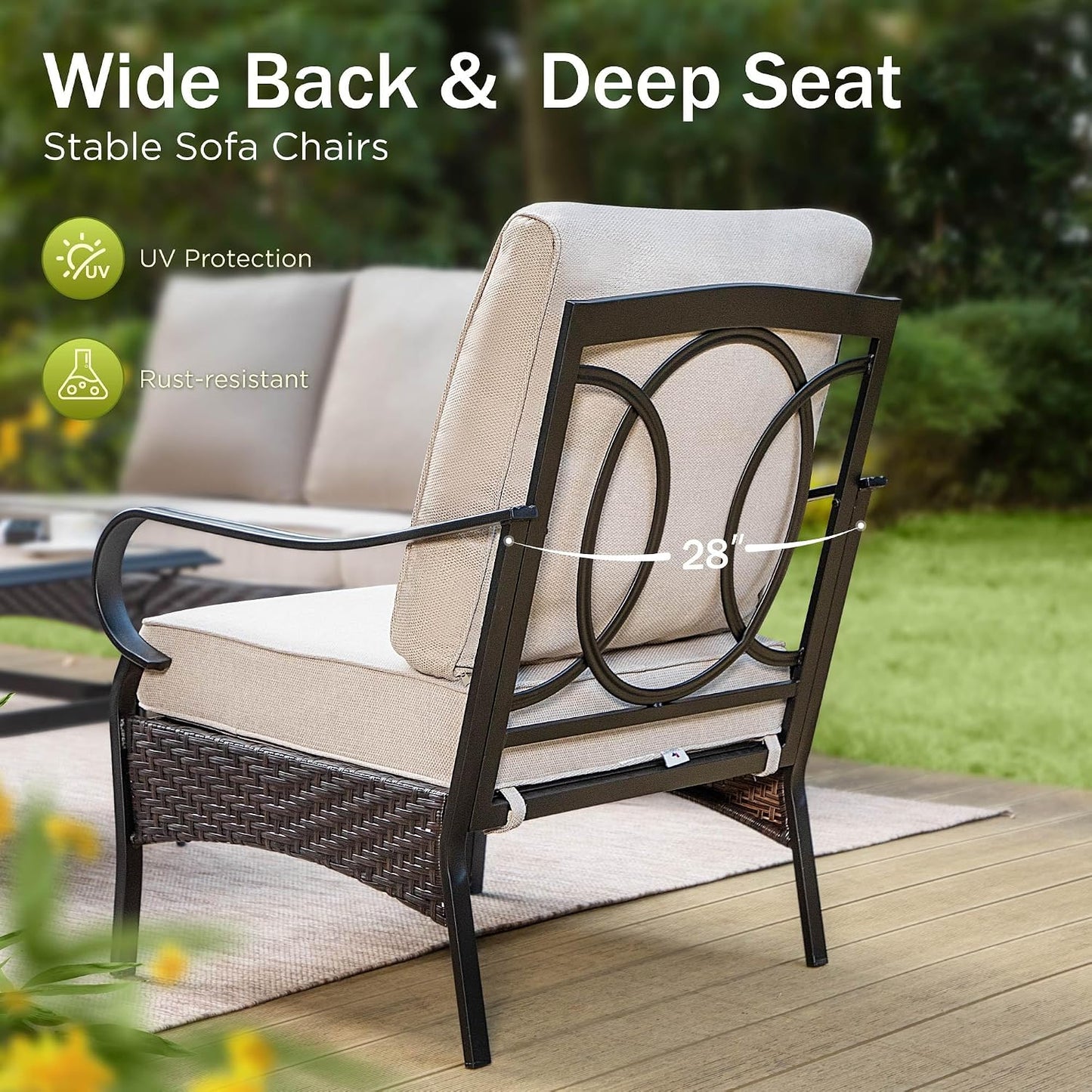 Outdoor Modern Patio Furniture Set, Upgraded Wicker & Metal Patio Furniture Conversation Set with Waterproof Thick Cushions for Porch, Poolside, Yard (4 Pieces,Beige)