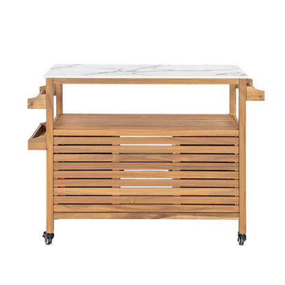 Acacia Wood Outdoor Bar Cart with Marble-Effect Worktop