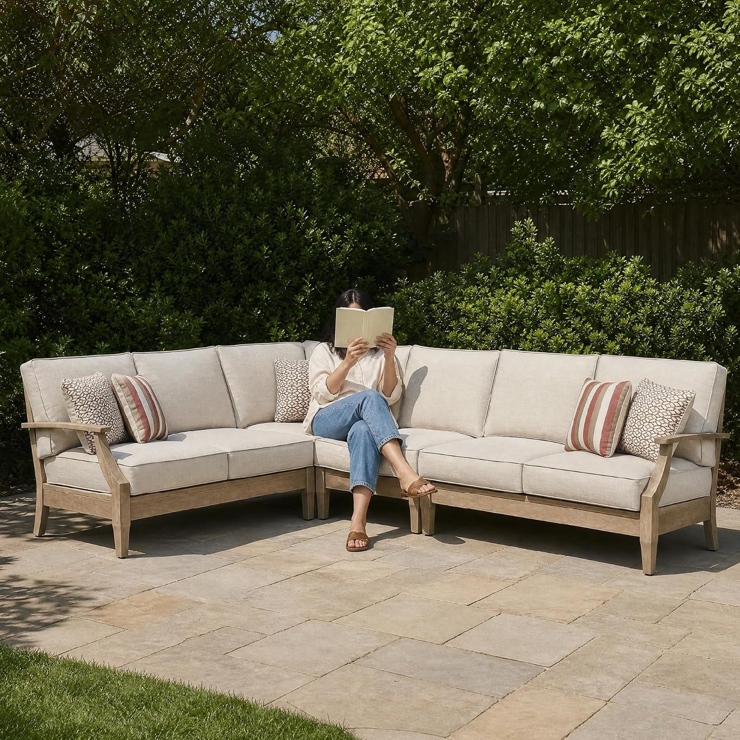Signature Design by Ashley 4-Piece L-Shape Clare View Outdoor Sectional, Patio Conversation Furniture Set, Eucalyptus Wood with Nuvella Fabric Cushions for Backyard, Beige