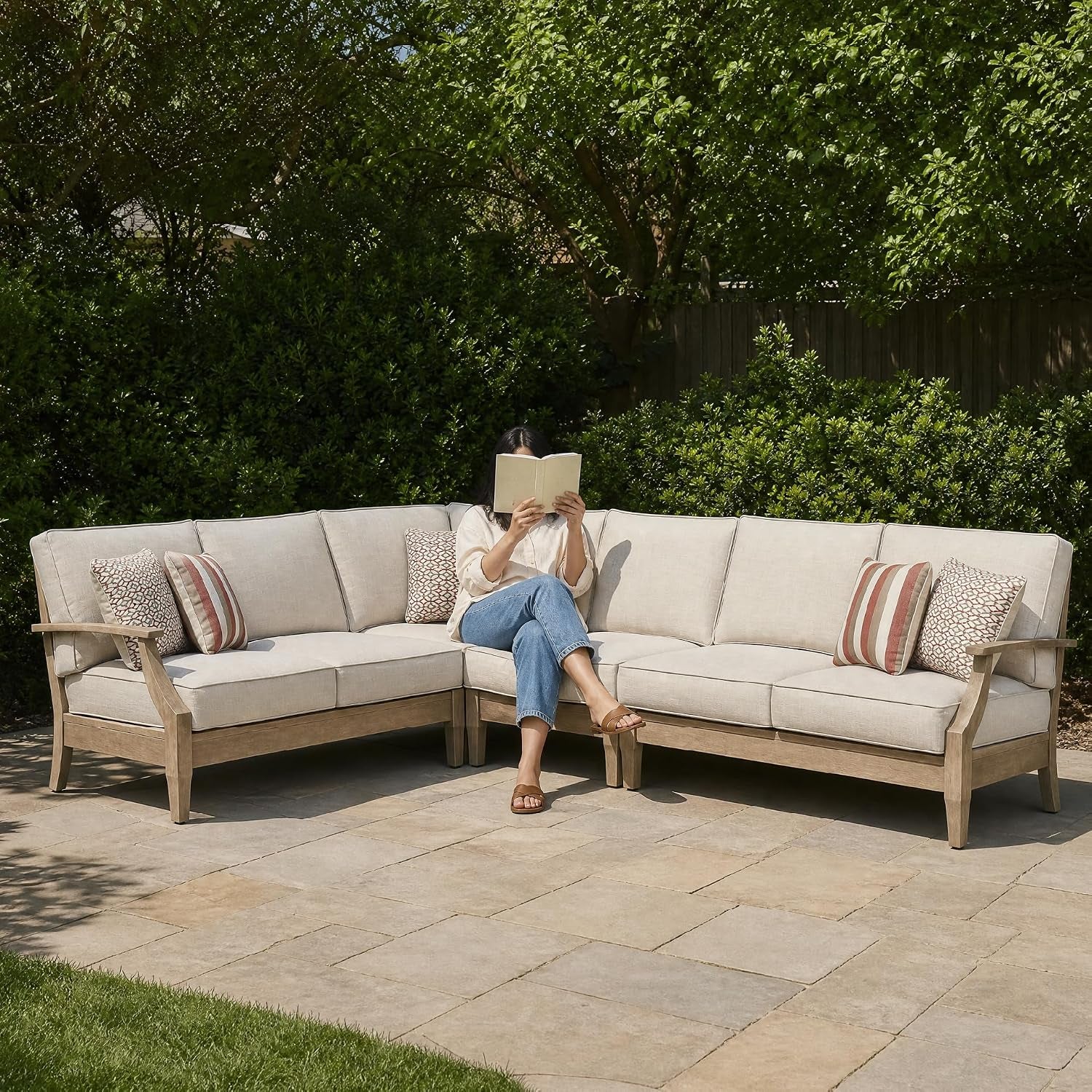 Signature Design by Ashley 4-Piece L-Shape Clare View Outdoor Sectional, Patio Conversation Furniture Set, Eucalyptus Wood with Nuvella Fabric Cushions for Backyard, Beige