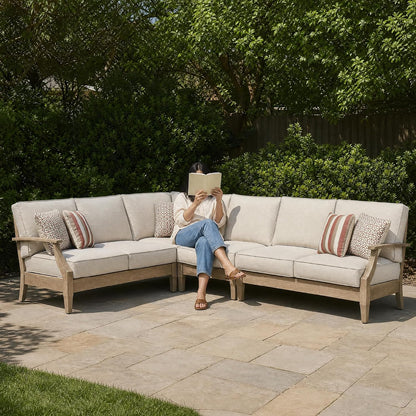 Signature Design by Ashley 4-Piece L-Shape Clare View Outdoor Sectional, Patio Conversation Furniture Set, Eucalyptus Wood with Nuvella Fabric Cushions for Backyard, Beige