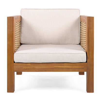 Acacia Wood Outdoor Club Chair, Weather‑Resistant with Wicker Armrests