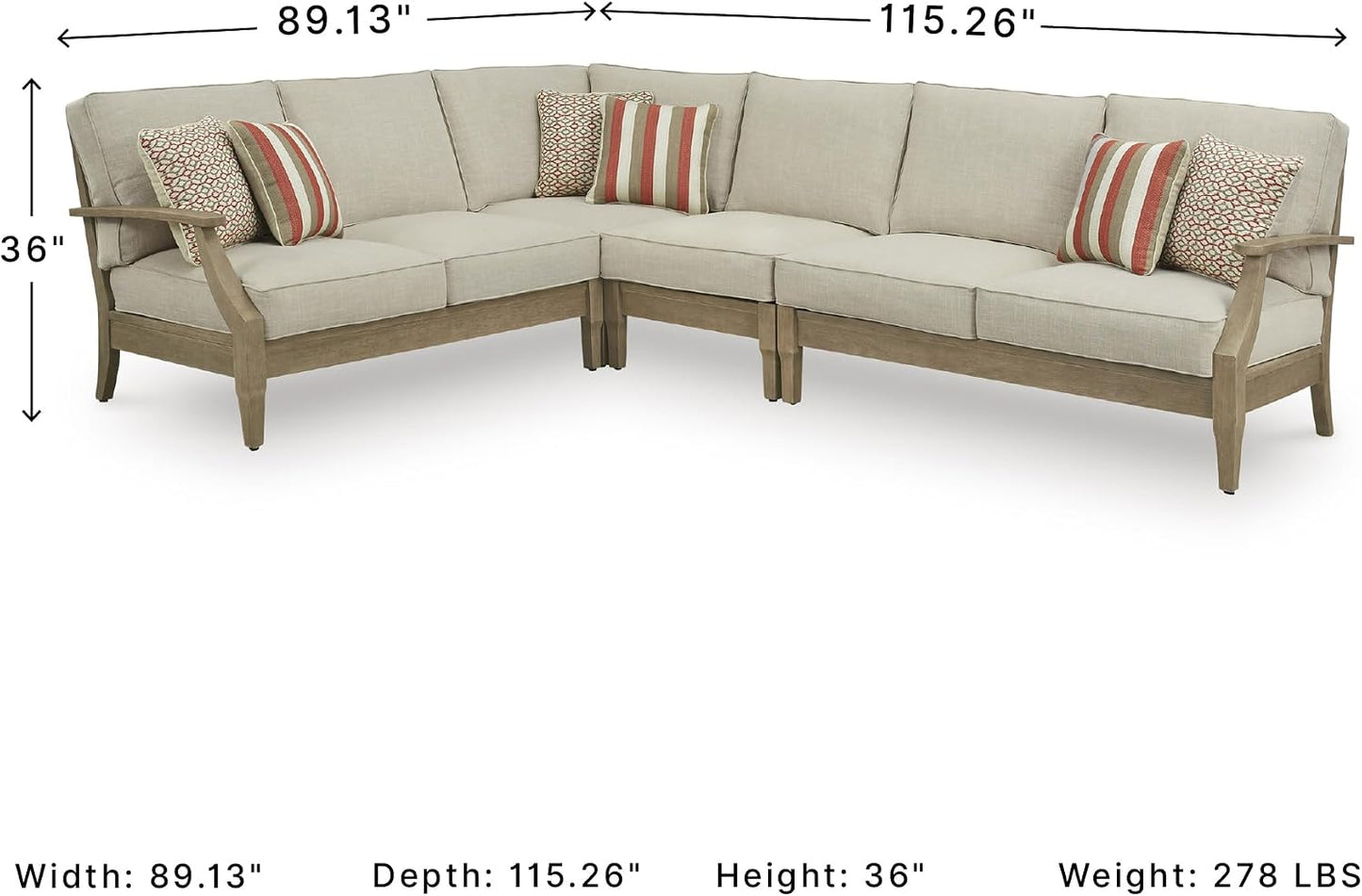 Signature Design by Ashley 4-Piece L-Shape Clare View Outdoor Sectional, Patio Conversation Furniture Set, Eucalyptus Wood with Nuvella Fabric Cushions for Backyard, Beige