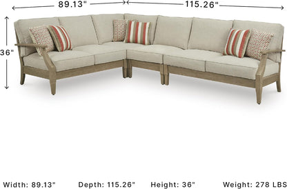 Signature Design by Ashley 4-Piece L-Shape Clare View Outdoor Sectional, Patio Conversation Furniture Set, Eucalyptus Wood with Nuvella Fabric Cushions for Backyard, Beige