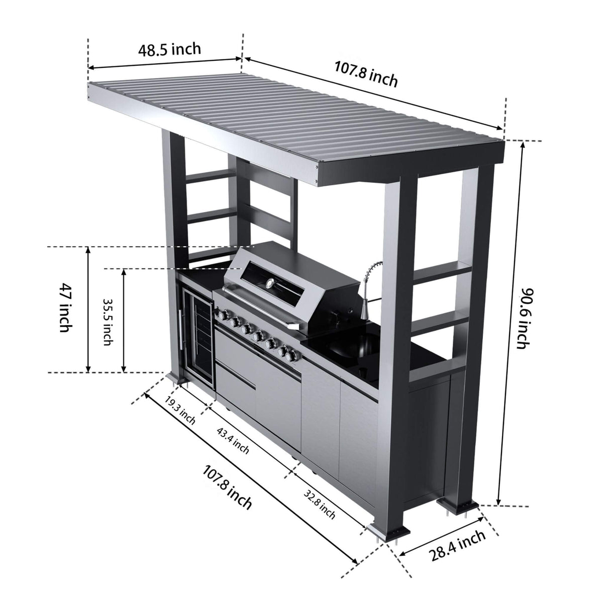 Castelle Flame Blaze 108-Inch 6-Burner 85K BTU Stainless Steel Outdoor Kitchen Grill Island