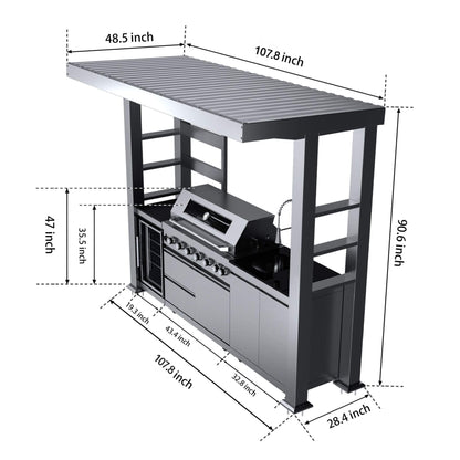 Castelle Flame Blaze 108-Inch 6-Burner 85K BTU Stainless Steel Outdoor Kitchen Grill Island