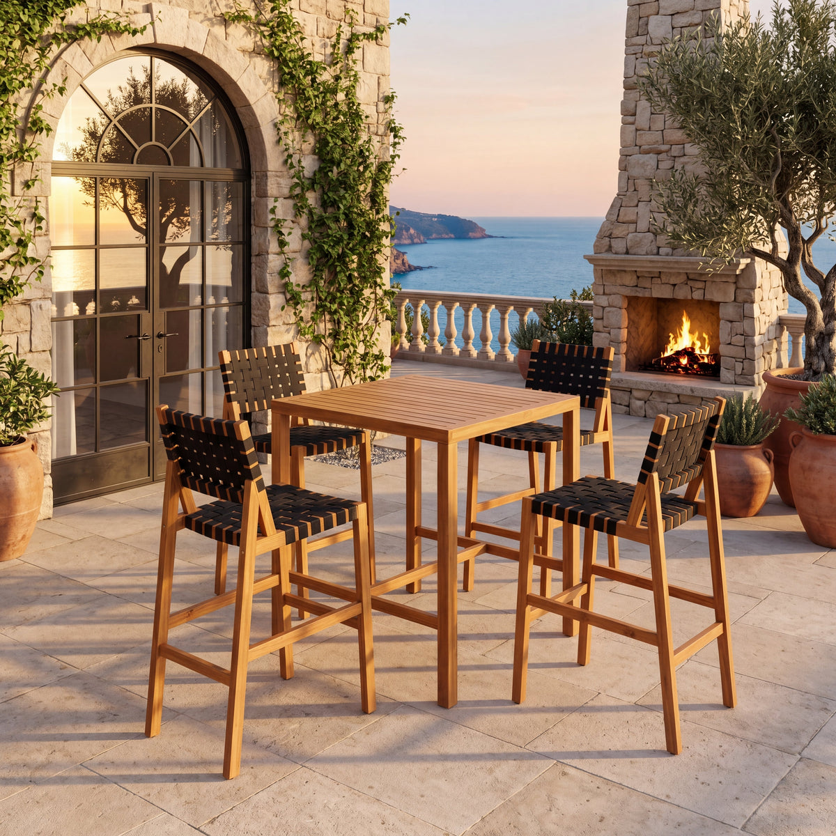 Acacia Wood Bar‑Height Patio Dining Set — 5‑Piece Square Table & Woven Bar Chairs