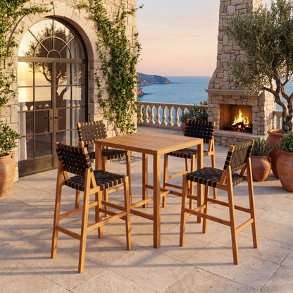 Acacia Wood Bar‑Height Patio Dining Set — 5‑Piece Square Table & Woven Bar Chairs