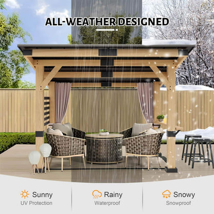 10' x 12'  Heavy-Duty Premium Outdoor All-Season Wooden Cedar Hardtop Gazebo With Metal Roof & Back Curtains