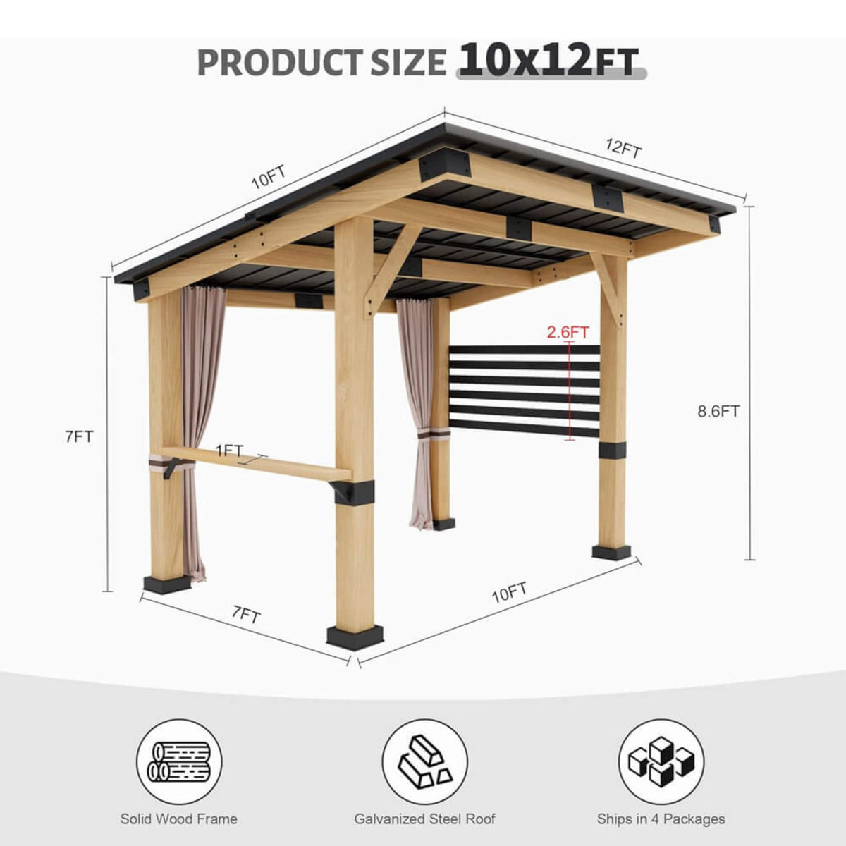 10' x 12'  Heavy-Duty Premium Outdoor All-Season Wooden Cedar Hardtop Gazebo With Metal Roof & Back Curtains