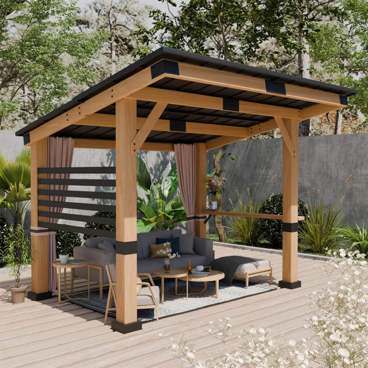 10' x 12'  Heavy-Duty Premium Outdoor All-Season Wooden Cedar Hardtop Gazebo With Metal Roof & Back Curtains
