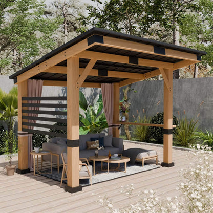 10' x 12'  Heavy-Duty Premium Outdoor All-Season Wooden Cedar Hardtop Gazebo With Metal Roof & Back Curtains