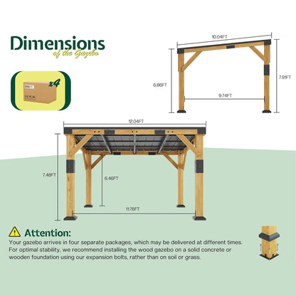 10' x 12' Cedar Wood Sloped Roof Gazebo – Galvanized Steel Hardtop & All‑Weather Design