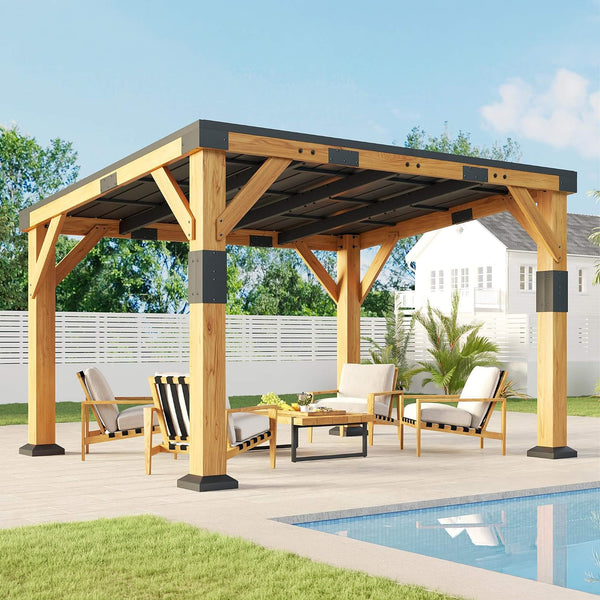 10' x 12' Cedar Wood Sloped Roof Gazebo – Galvanized Steel Hardtop & All‑Weather Design