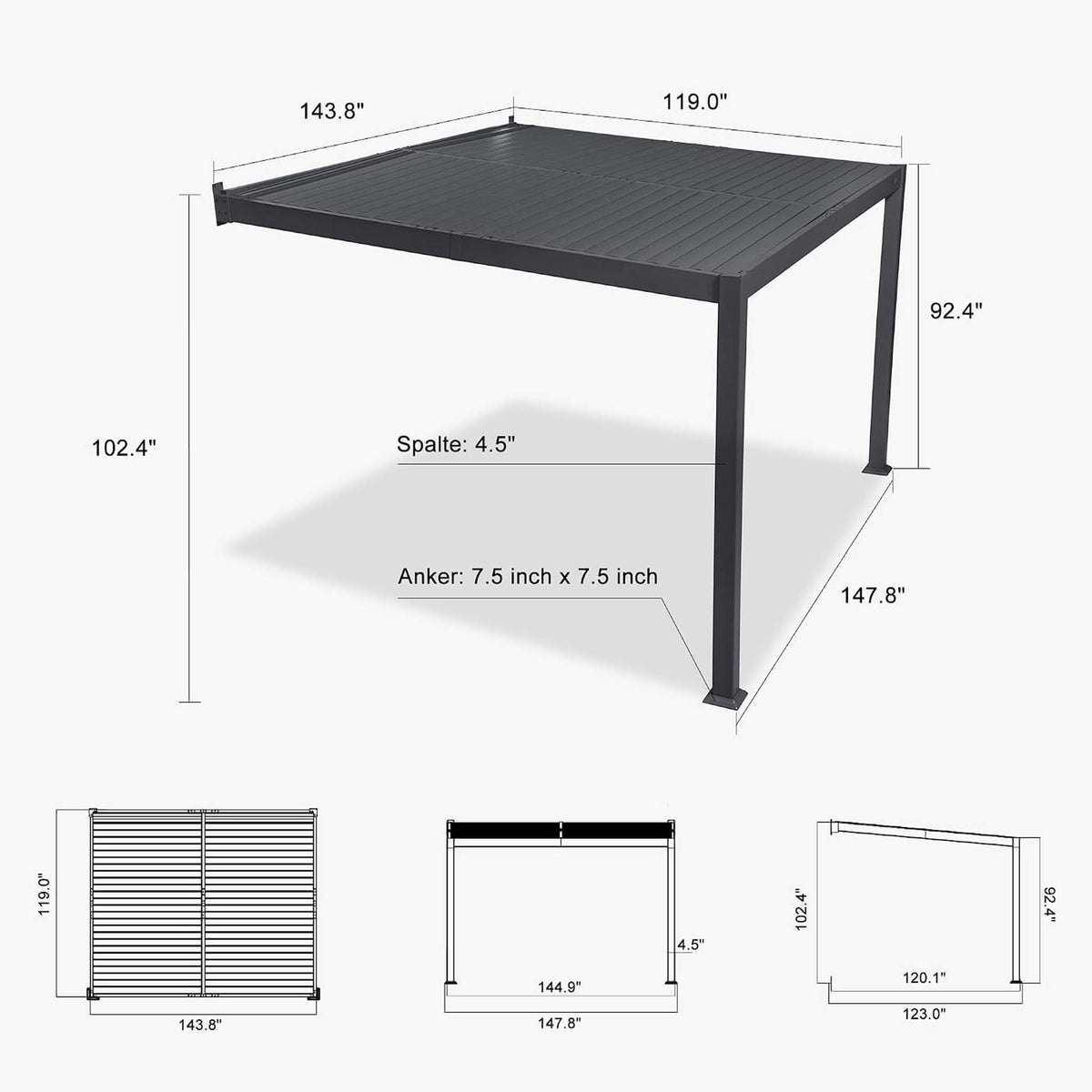 10' x 12' Wall‑Mounted Louvered Pergola