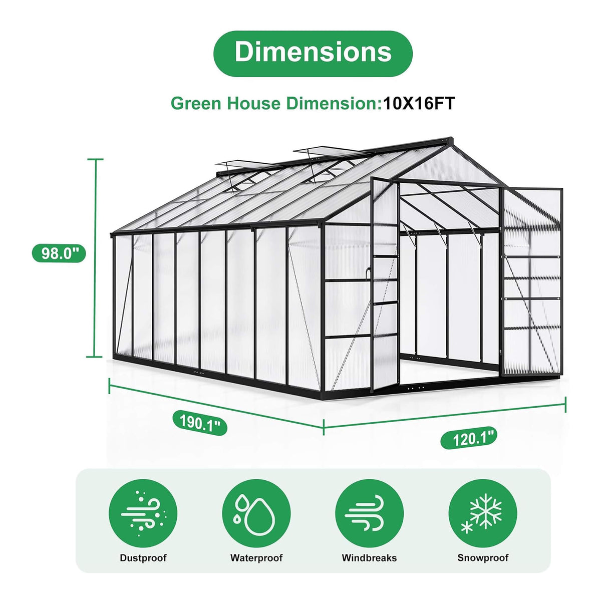 10' x 16' Heavy-Duty Walk-In Polycarbonate Greenhouse – Reinforced Aluminum Frame & Adjustable Roof Vents