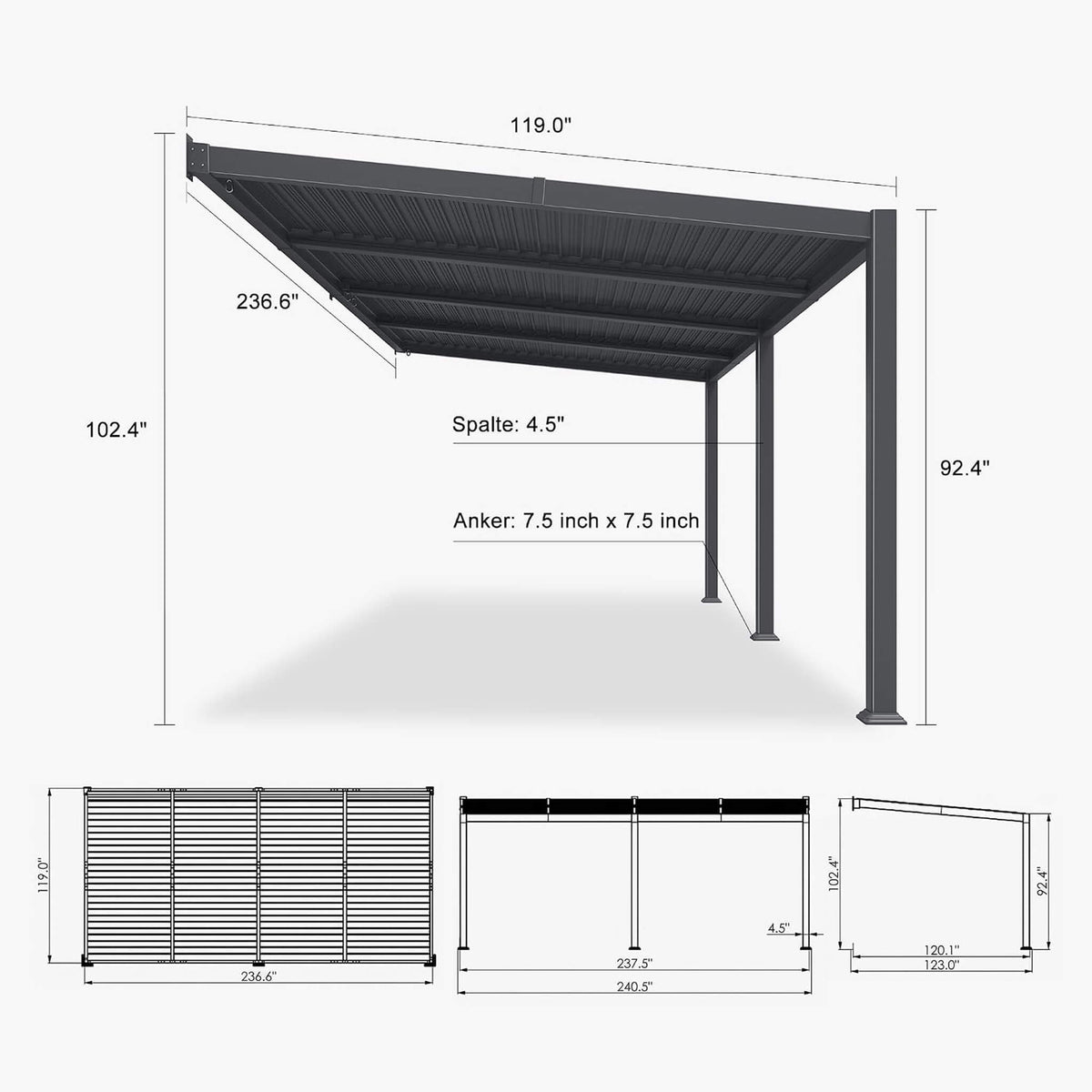 10' x 20' Wall‑Mounted Aluminum Louvered Pergola