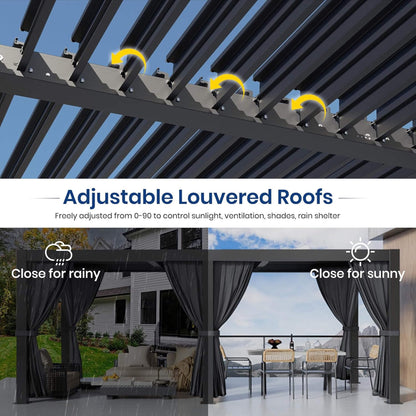 10X20 FT Alora Premium Louvered Pergola With Curtains And Netting