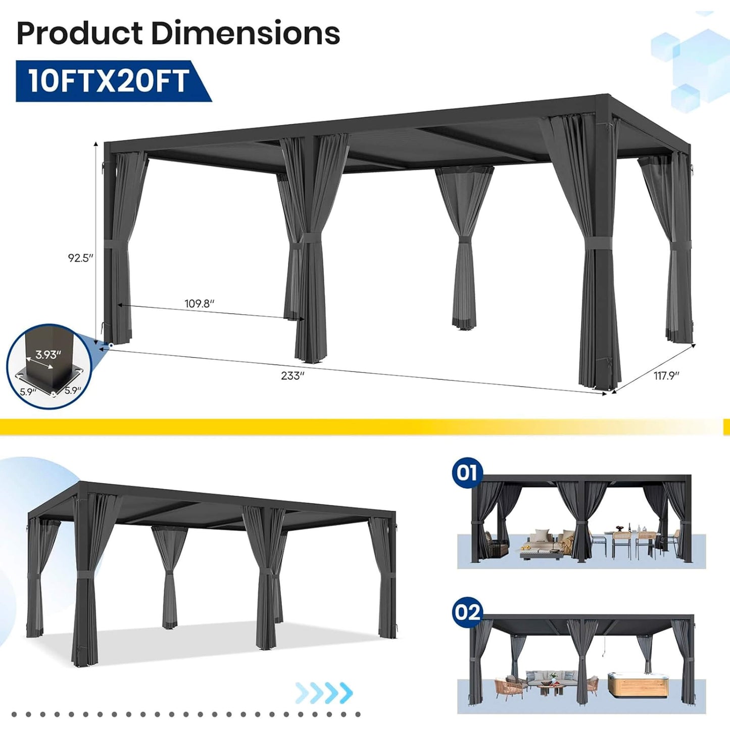 10X20 FT Alora Premium Louvered Pergola With Curtains And Netting